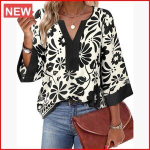 Chiffon Blouse 3/4 Sleeve V Neck Floral Loose Fit Tunic Top